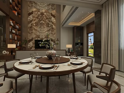 Elegant Modern Dining Living Room Interior With Round Table Chairs Stone Wall And Decor 3d model