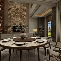 Elegant Modern Dining Living Room Interior With Round Table Chairs Stone Wall And Decor