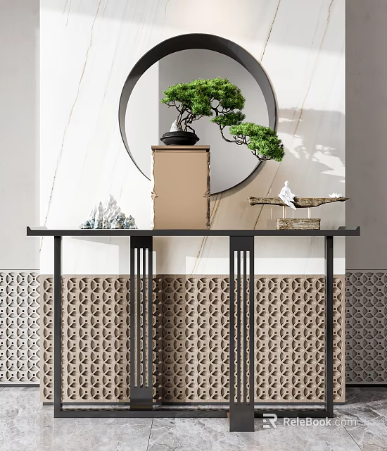 Console Table with Bonsai Plant Round Mirror and Decorative Items on Patterned Wall 3d model