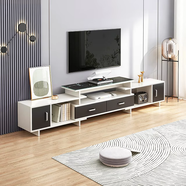 Modern White And Black TV Stand With Drawers Cabinets And TV In Living Room 3d model 