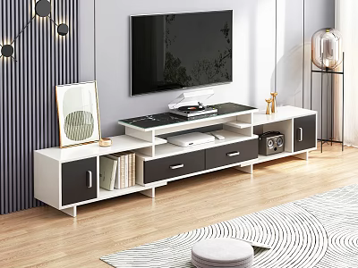 Modern White And Black TV Stand With Drawers Cabinets And TV In Living Room 3d model