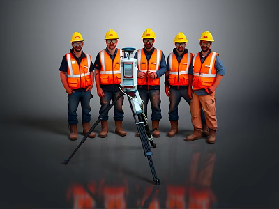 Men in Yellow Hard Hats and Orange Safety Vests Standing with Surveying Equipment 3d model