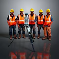 Men in Yellow Hard Hats and Orange Safety Vests Standing with Surveying Equipment