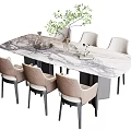Modern Dining Set With Marble Top Table And Six Beige Upholstered Chairs 3d model