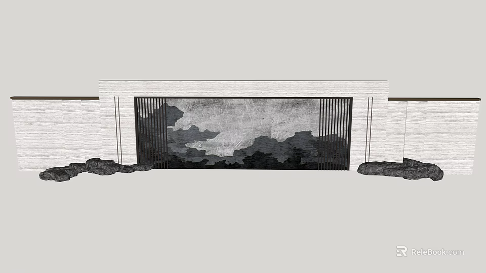 Modern Landscape Feature Wall With Mountain Cloud Pattern And Stone Decorations 3d model