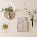 Modern Wall Decor Featuring Circular Mirror Clock Abstract Art Plants And Vase