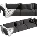 Modern Three-Seater Dark Gray Sofa with Throw Pillows and White Blanket 3d model
