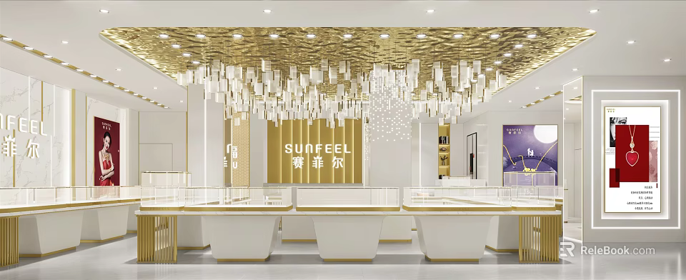 Luxurious Jewelry Store Interior Design With Golden Decor Crystal Chandelier And White Display Counters 3d model 