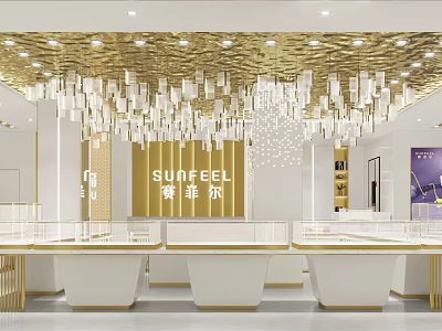 Luxurious Jewelry Store Interior Design With Golden Decor Crystal Chandelier And White Display Counters 3d model