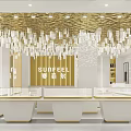 Luxurious Jewelry Store Interior Design With Golden Decor Crystal Chandelier And White Display Counters