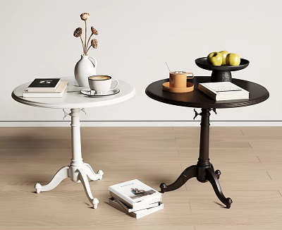 Classic Design White and Black Side Tables with Vase Coffee Cup Apples and Books 3d model
