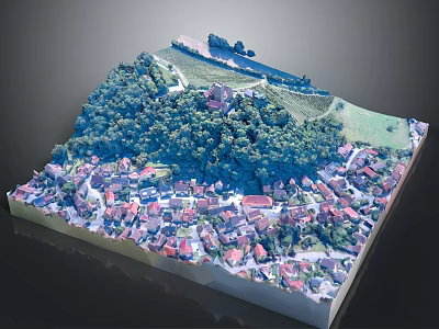 Detailed 3D Model of Village with Trees and Castle on Hilltop 3d model