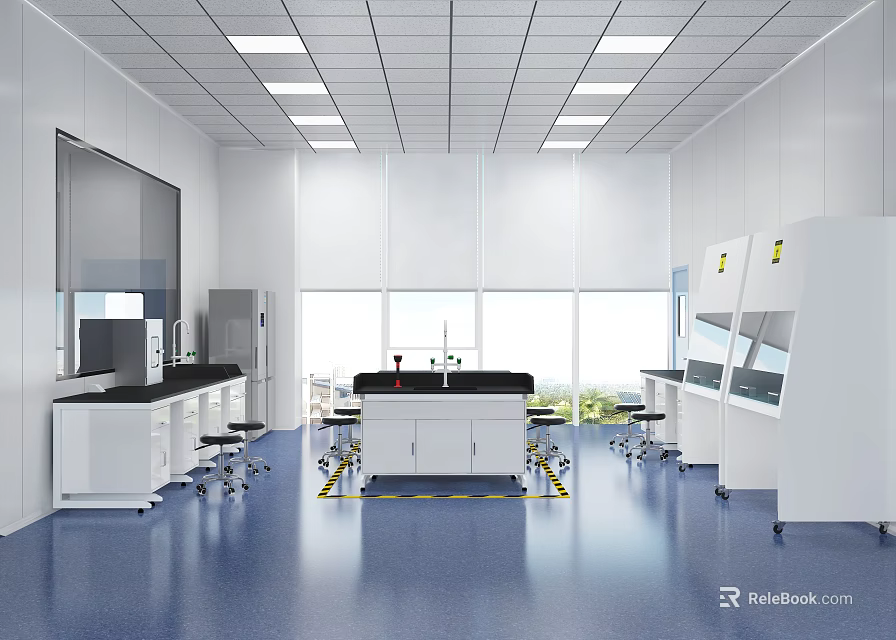 Modern Laboratory Interior With Workbenches Chairs And Windows 3d model 