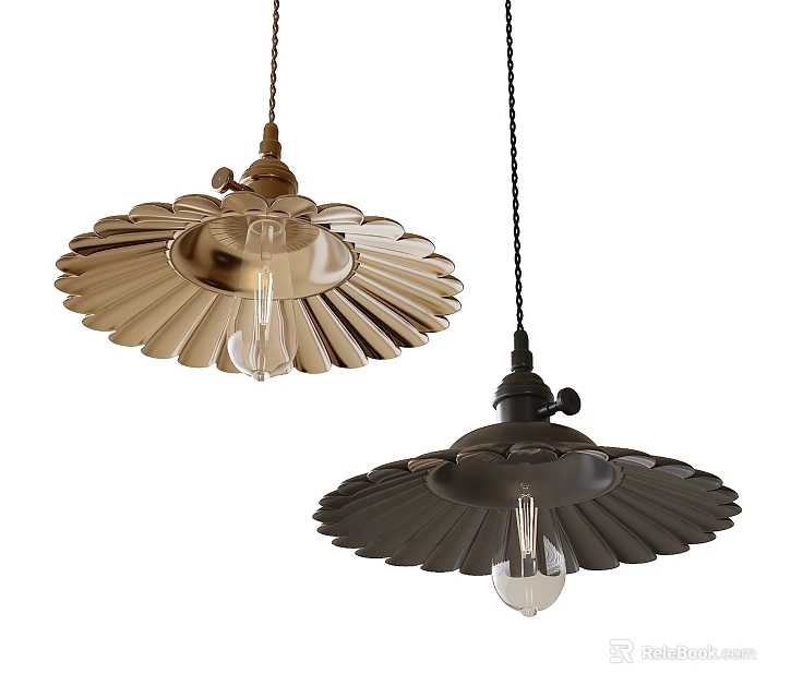 Two Stylish Metallic Pendant Lights With Gold And Black Petal Shaped Shades And Clear Bulbs 3d model 