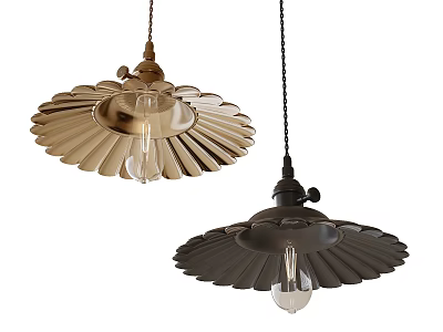 Two Stylish Metallic Pendant Lights With Gold And Black Petal Shaped Shades And Clear Bulbs 3d model