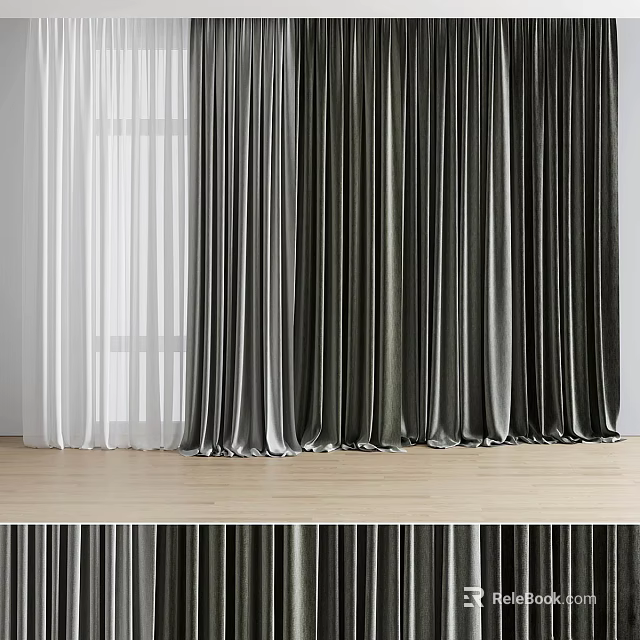 Elegant White and Dark Gray Curtains with Luxurious Drape and Wooden Floor Background 3d model 