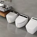 Three Smart White Toilets in Modern Bathroom with Marble Vanity Countertop