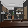 Office Interior Design With Gray Walls Wooden Shelves Green Plant And Blue Gray Striped Carpet