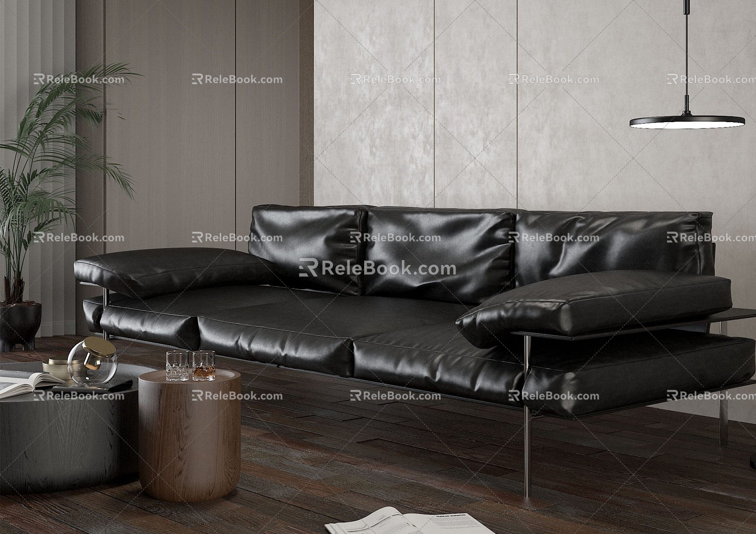 Multiplayer Italian Sofa Minimal Leather Black Sofa 3d model