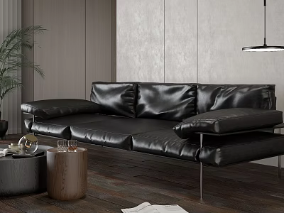 Modern Black Leather Loveseat In Living Room With Wooden Floor And Side Coffee Tables 3d model