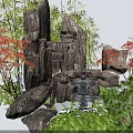 Courtyard Garden With Stone Rock Formations Bamboo Plants Red Maple Leaves And Stone Lanterns