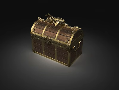 Vintage Wooden Chest With Ornate Golden Metal Accents And Carved Decorative Details 3d model