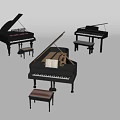 Musical Instruments and Art Supplies Showcasing Black Grand Pianos with Open Lids and Stools