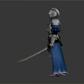 Man In Medieval Knight Armor With Silver Blue Accents And Sword Standing