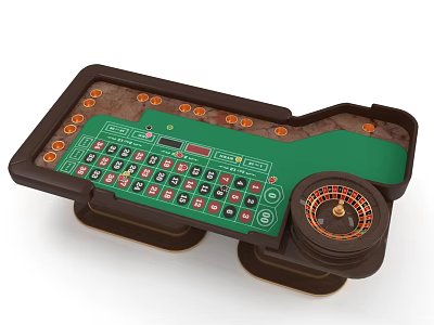 Casino Entertainment Table With Green Playing Surface Roulette Wheel Brown Frame And Orange Markers 3d model