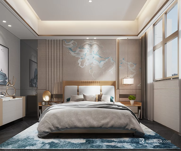 Modern Bedroom Interior With Patterned Backdrop Gray Bedding Nightstands Table Lamps And Blue Rug 3d model