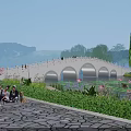 Dusk Arch Bridge Over Lake With Willow Trees Lotus Flowers Distant Mountains Mist And People