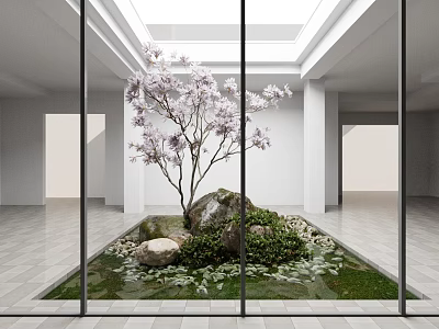 Bright Indoor Garden With Glass Enclosure Purple Flowering Tree Stones Green Plants And Pond 3d model
