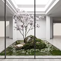 Bright Indoor Garden With Glass Enclosure Purple Flowering Tree Stones Green Plants And Pond