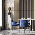 Elegant Modern Dining Set With Round Table Blue Chairs And Paneled Walls 3d model
