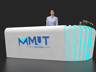 White Reception Desk With Blue Stripes And MMUT Mutong Logo Decor 3d model