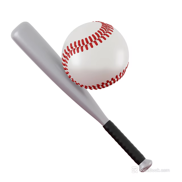 Baseball Bat And Ball Close Up View With Red Stitching On White Surface 3d model 