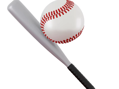 Baseball Bat And Ball Close Up View With Red Stitching On White Surface 3d model