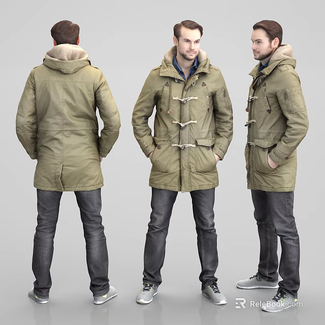 Man Wearing Olive Green Duffle Coat With Toggle Closure Three Quarter Back Front Views 3d model 