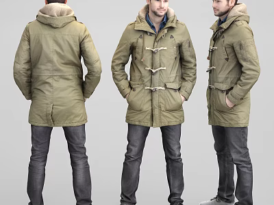 Man Wearing Olive Green Duffle Coat With Toggle Closure Three Quarter Back Front Views 3d model