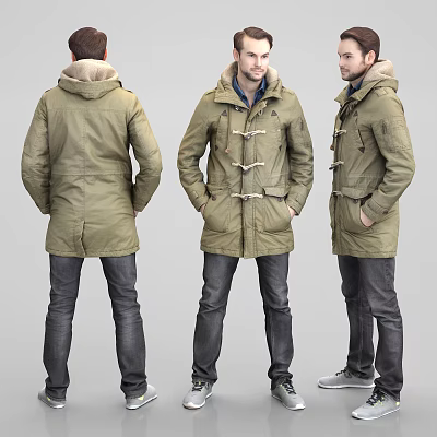Man Wearing Olive Green Duffle Coat With Toggle Closure Three Quarter Back Front Views 3d model