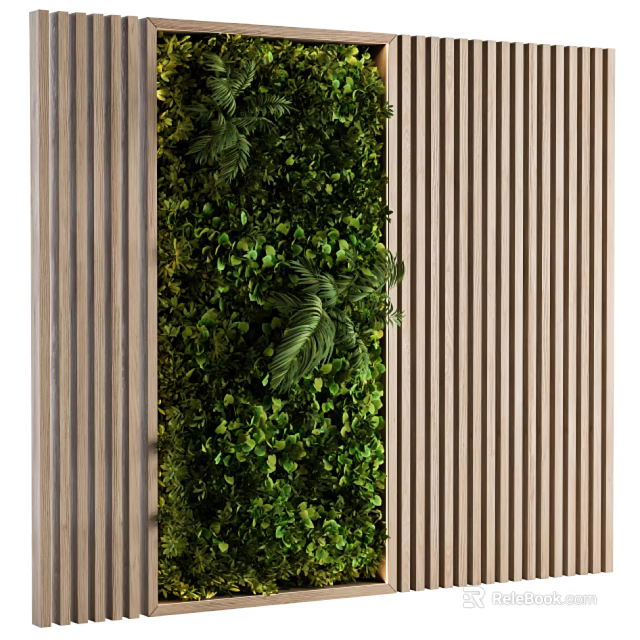 Lush Living Plant Wall With Wooden Slats For Modern Interior Design 3d model 