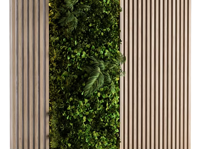 Lush Living Plant Wall With Wooden Slats For Modern Interior Design 3d model