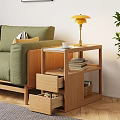 Wooden Coffee Table With Green Sofa Yellow Lamp White Cup And Shelves With Books Basket