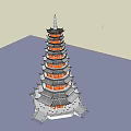 Chinese Traditional Multi tiered Pagoda with Ornamental Details Windows and Base Platform Railing