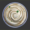 Creamy Sauce With Swirled Pattern And Green Herbs In Light Blue Bowl On Dark Background