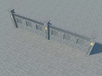 Traditional Building Exterior Wall with Gray Brick Lattice Windows and Golden Accents Top Structures 3d model