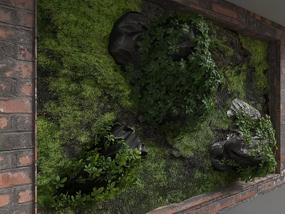 Natural Decorative Background Wall With Red Brick Section Moss Covered Area Green Plants And Stones 3d model