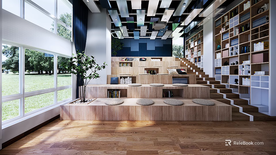 Book Art Interior Space With Wooden Stepped Seating Circular Cushions Bookshelves And Green Plant 3d model 