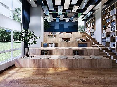 Book Art Interior Space With Wooden Stepped Seating Circular Cushions Bookshelves And Green Plant 3d model