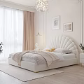 Cozy Bedroom Interior With Shell Shaped Headboard Beige Bed Curtains Pendant Lights And Decorative Paintings